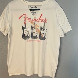 Fender White T-Shirt with Guitar Design distressed neckline